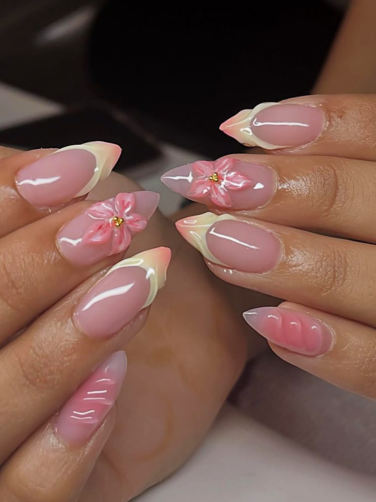 Soft pink nails with cream tips and 3D flowers