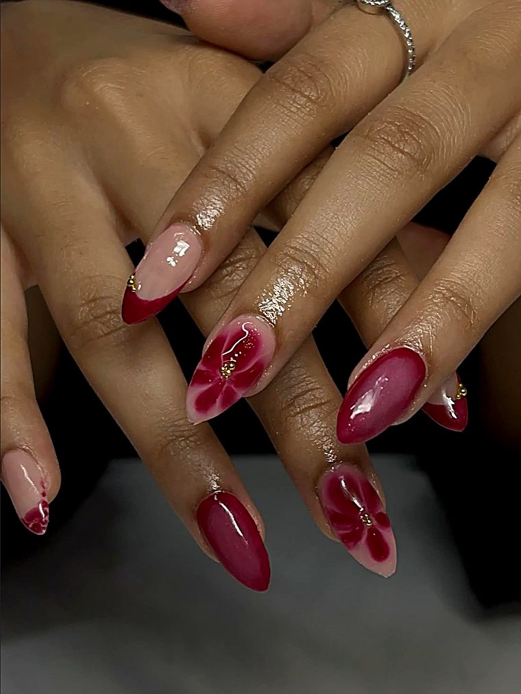 Deep red nails with 3D flowers and gold beads