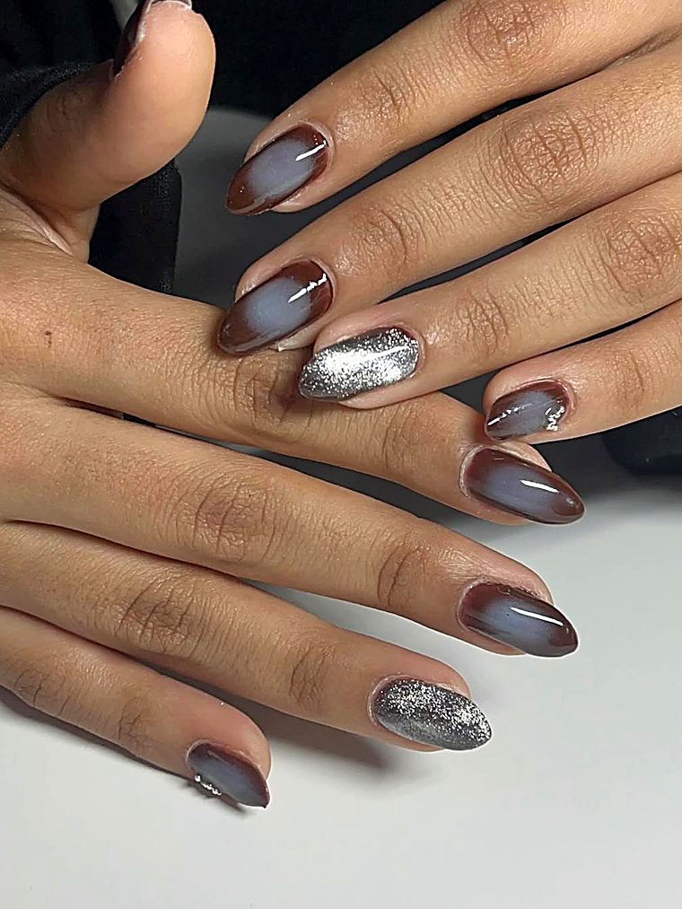 Smoky grey and brown ombre nails with silver glitter