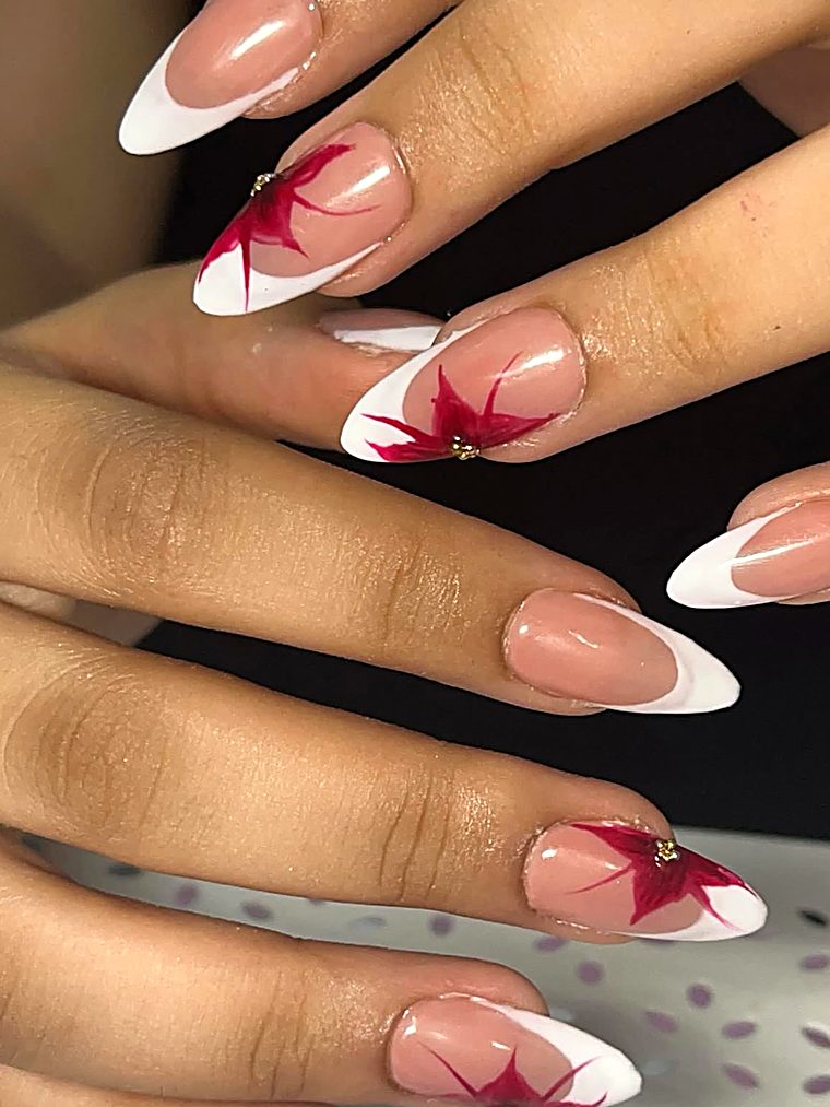 Nude nails with white tips and red 3D blooms