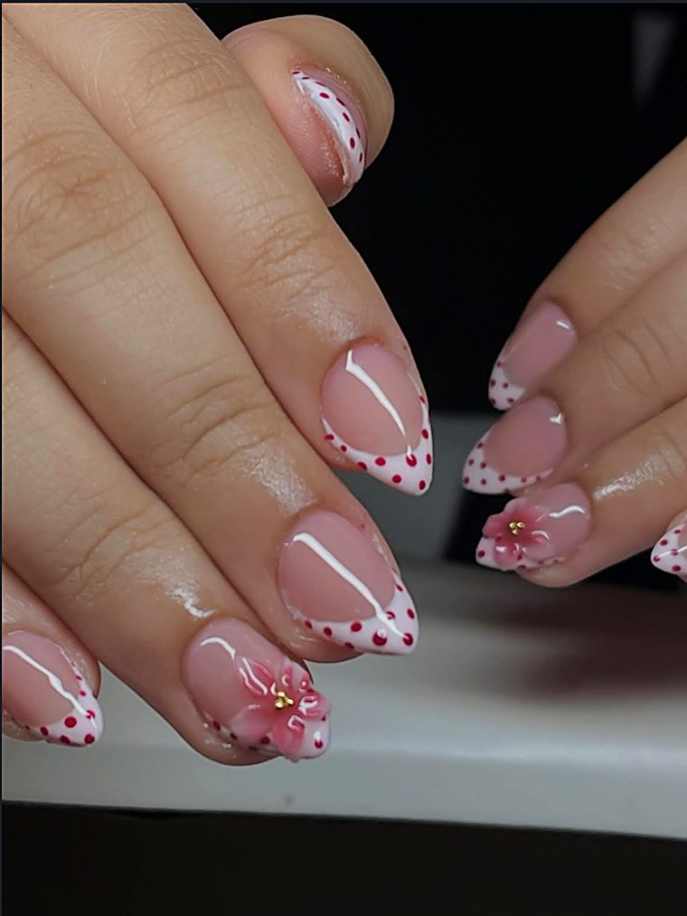 Sheer nails with white lace tips and pearl beads
